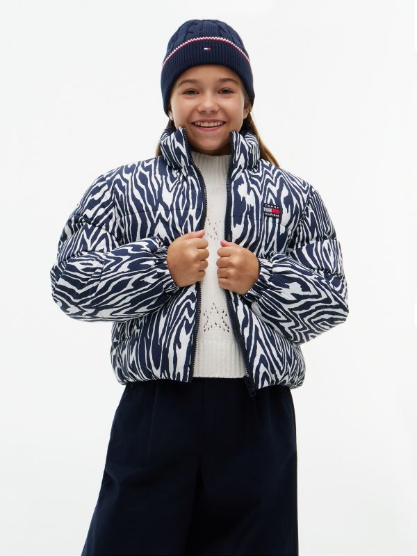 Zebra Print Reversible Relaxed Puffer Jacket — Blue