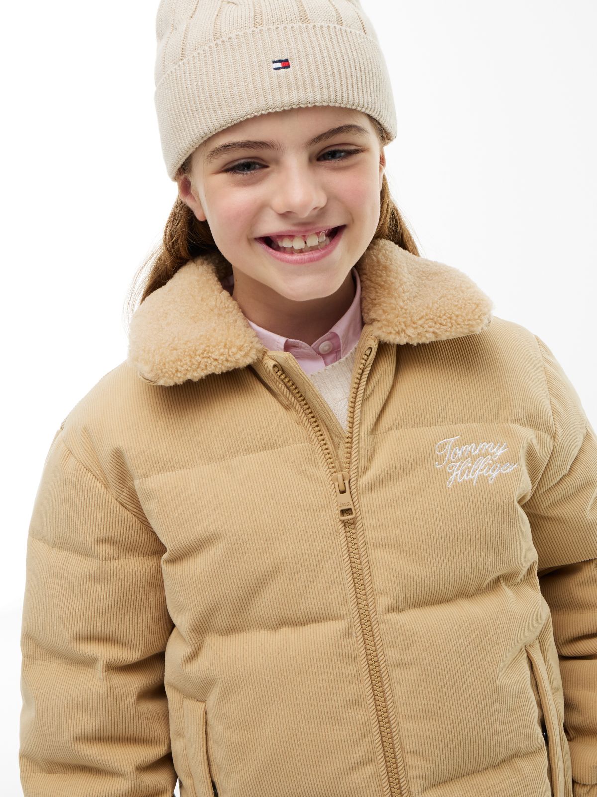 Teddy Collar Corduroy Relaxed Puffer Jacket — Beige