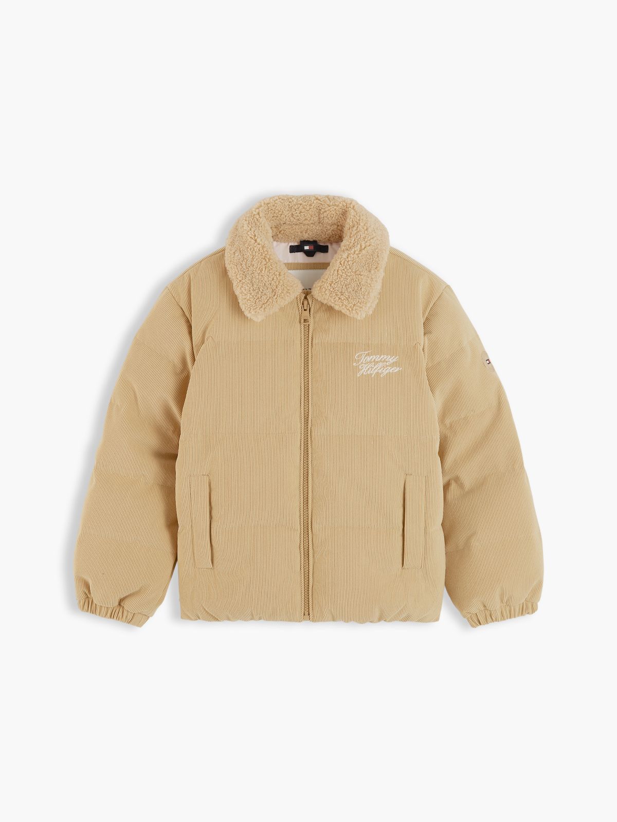 Teddy Collar Corduroy Relaxed Puffer Jacket — Beige