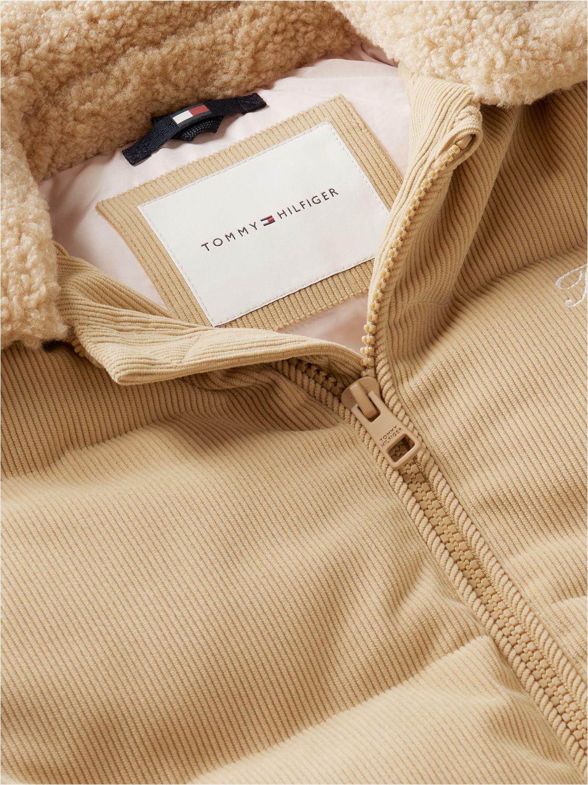 Teddy Collar Corduroy Relaxed Puffer Jacket — Beige