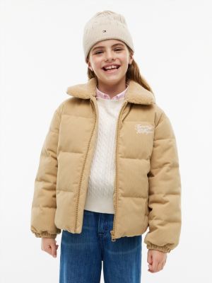 beige teddy collar corduroy relaxed puffer jacket for girls tommy hilfiger
