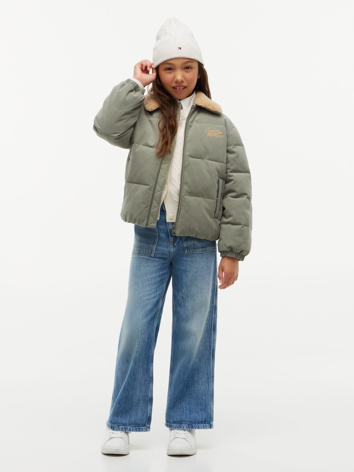 Teddy Collar Corduroy Relaxed Puffer Jacket — Green