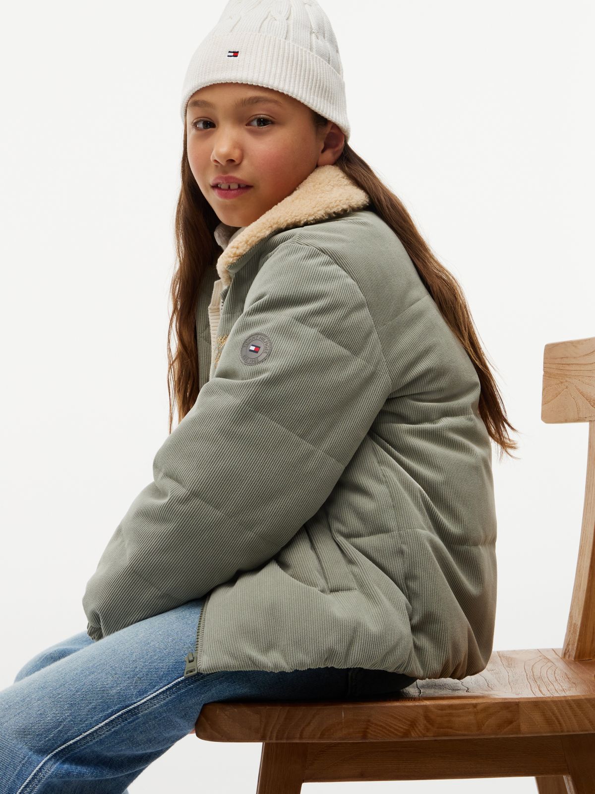 Teddy Collar Corduroy Relaxed Puffer Jacket — Green