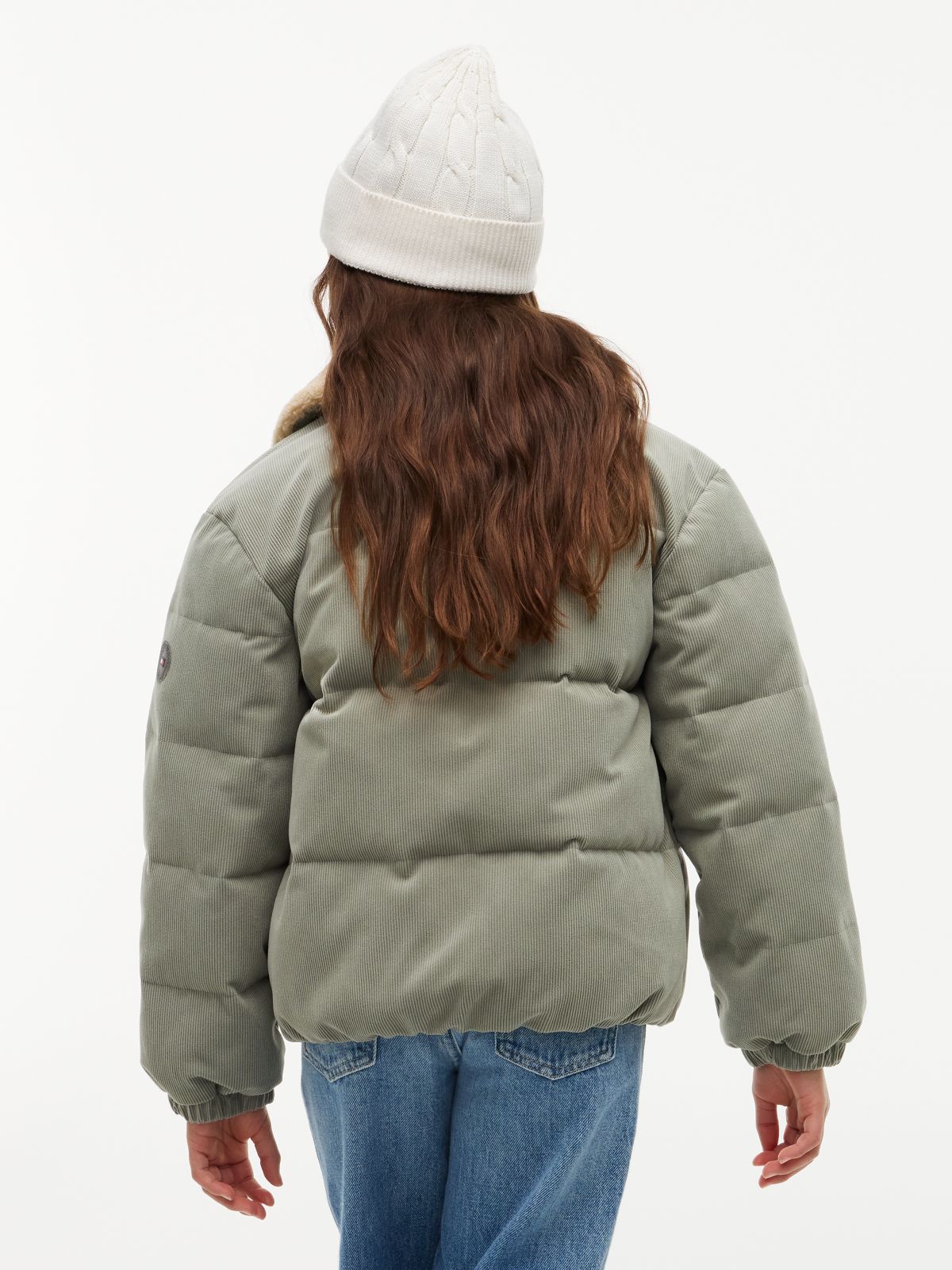 Teddy Collar Corduroy Relaxed Puffer Jacket — Green