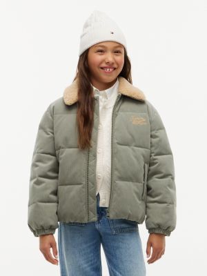 green teddy collar corduroy relaxed puffer jacket for girls tommy hilfiger