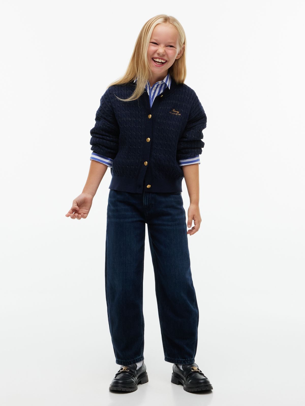 Cable Knit Gold-Tone Button Relaxed Cardigan — Blue