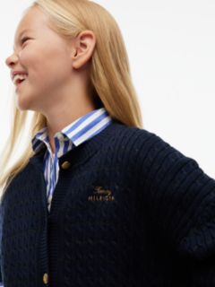 Cable Knit Gold-Tone Button Relaxed Cardigan — Blue 3