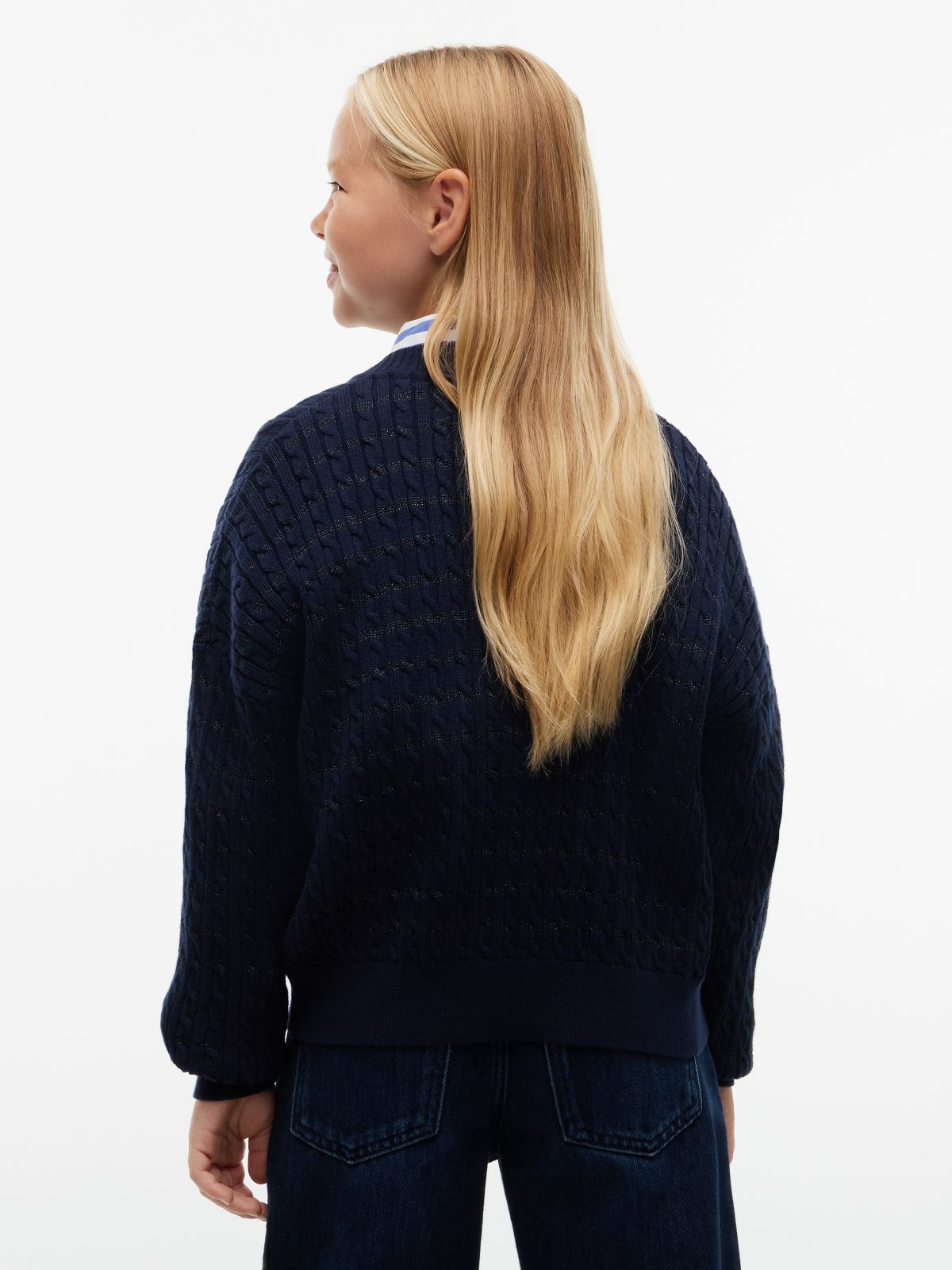 Cable Knit Gold-Tone Button Relaxed Cardigan — Blue