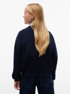 Cable Knit Gold-Tone Button Relaxed Cardigan — Blue 4