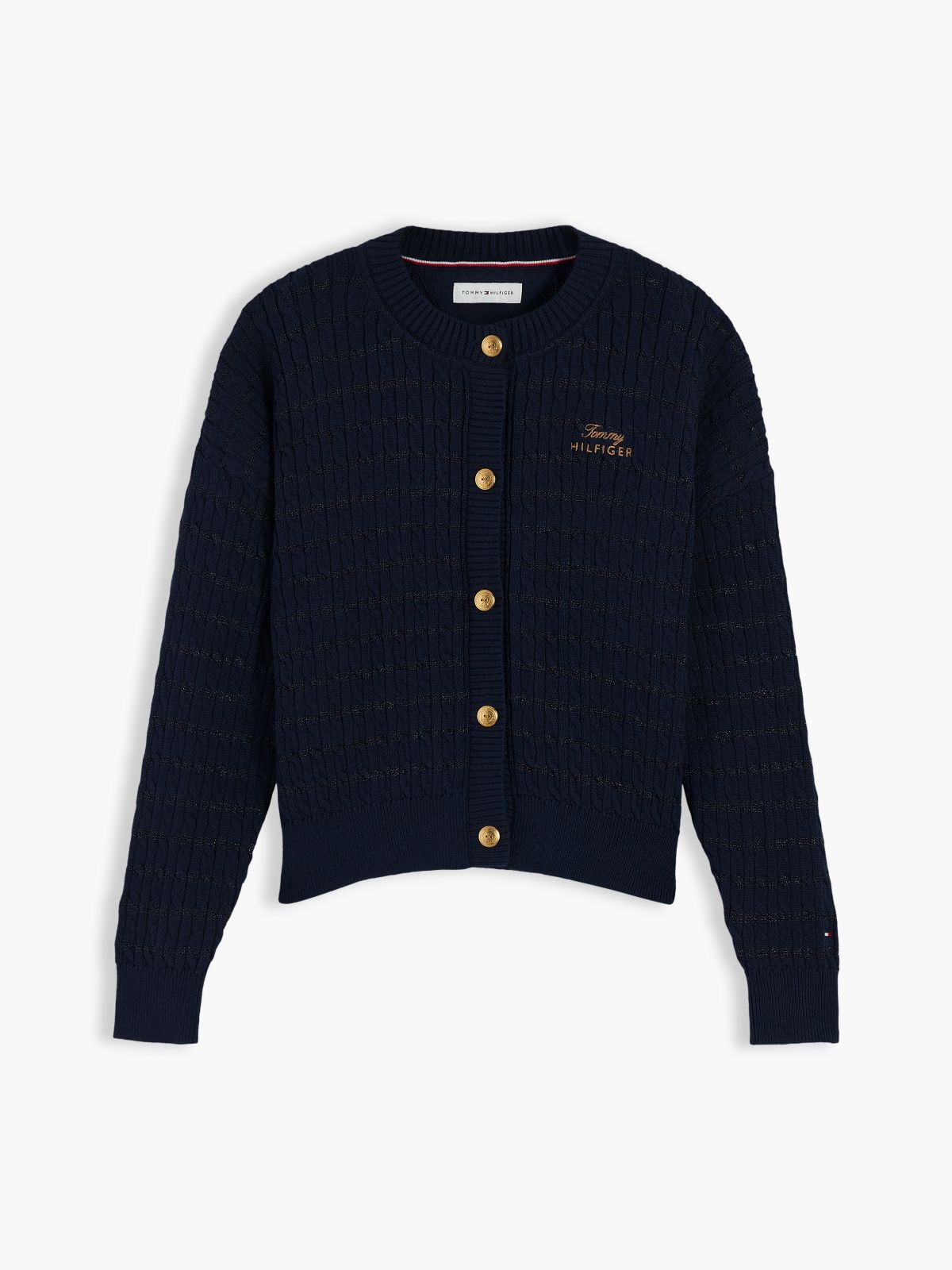 Cable Knit Gold-Tone Button Relaxed Cardigan — Blue
