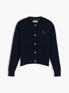 Cable Knit Gold-Tone Button Relaxed Cardigan — Blue 5