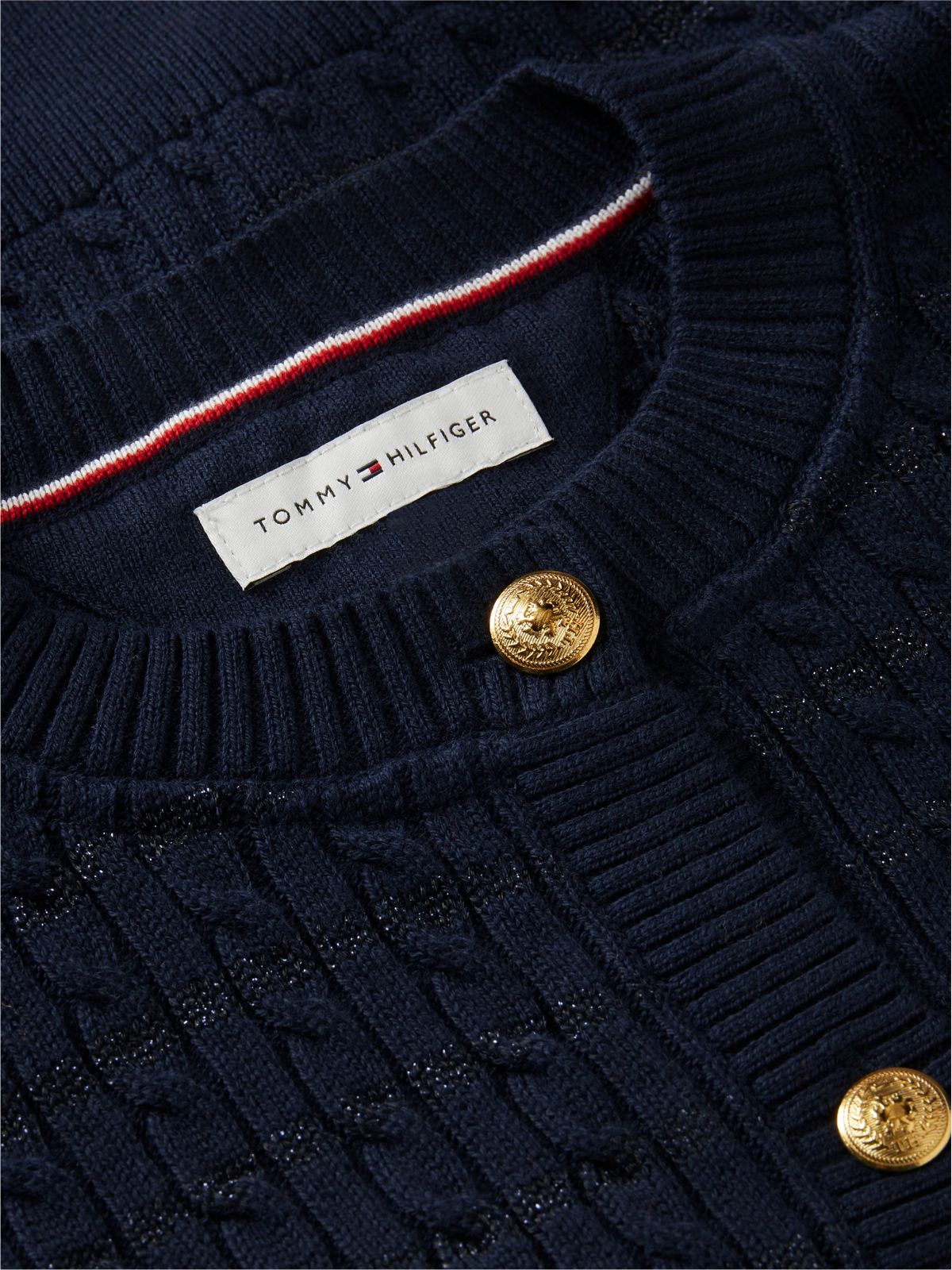 Cable Knit Gold-Tone Button Relaxed Cardigan — Blue