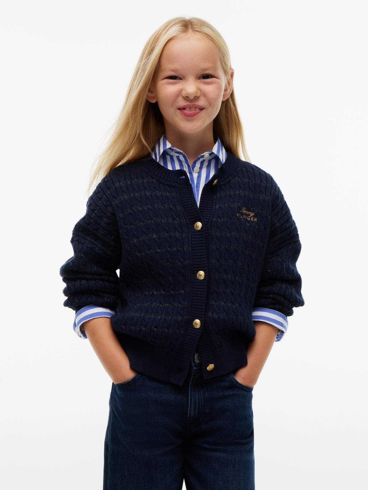 Cable Knit Gold-Tone Button Relaxed Cardigan — Blue