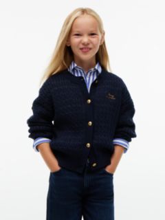 Cable Knit Gold-Tone Button Relaxed Cardigan — Blue 1