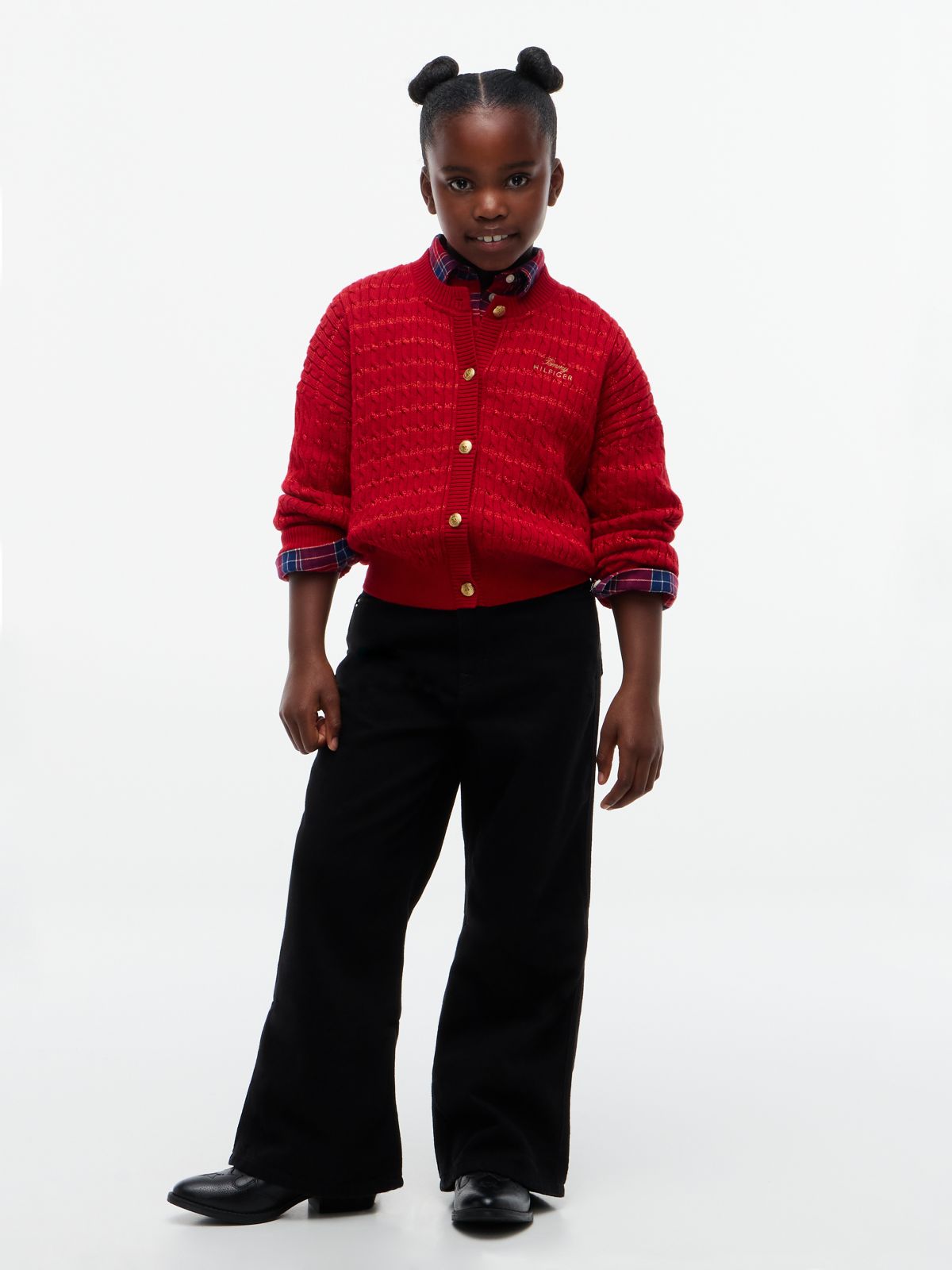 Cable Knit Gold-Tone Button Relaxed Cardigan — Red