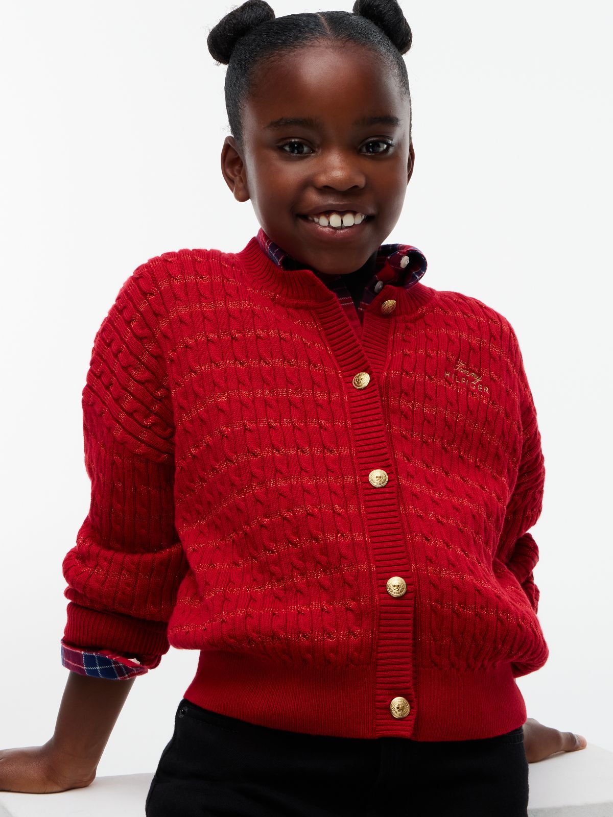 Cable Knit Gold-Tone Button Relaxed Cardigan — Red