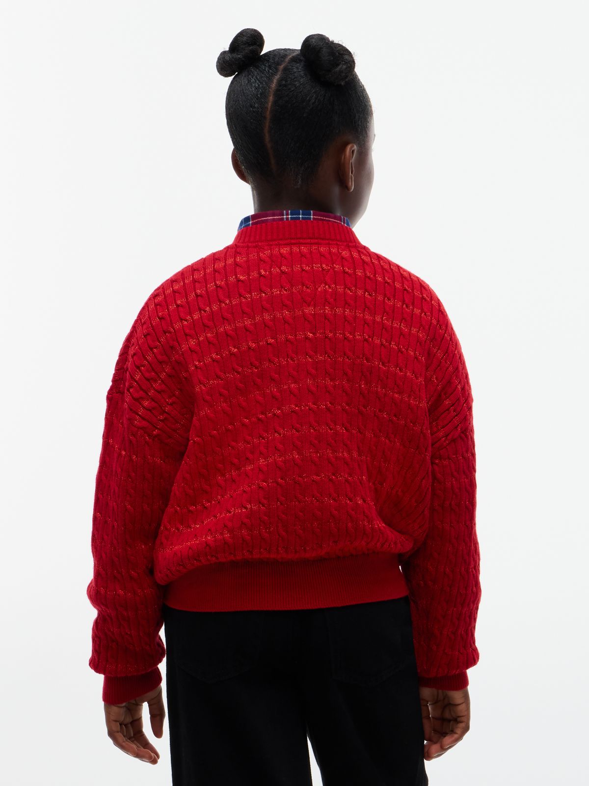 Cable Knit Gold-Tone Button Relaxed Cardigan — Red