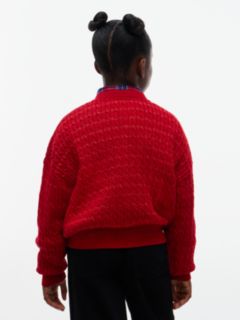 Cable Knit Gold-Tone Button Relaxed Cardigan — Red 4