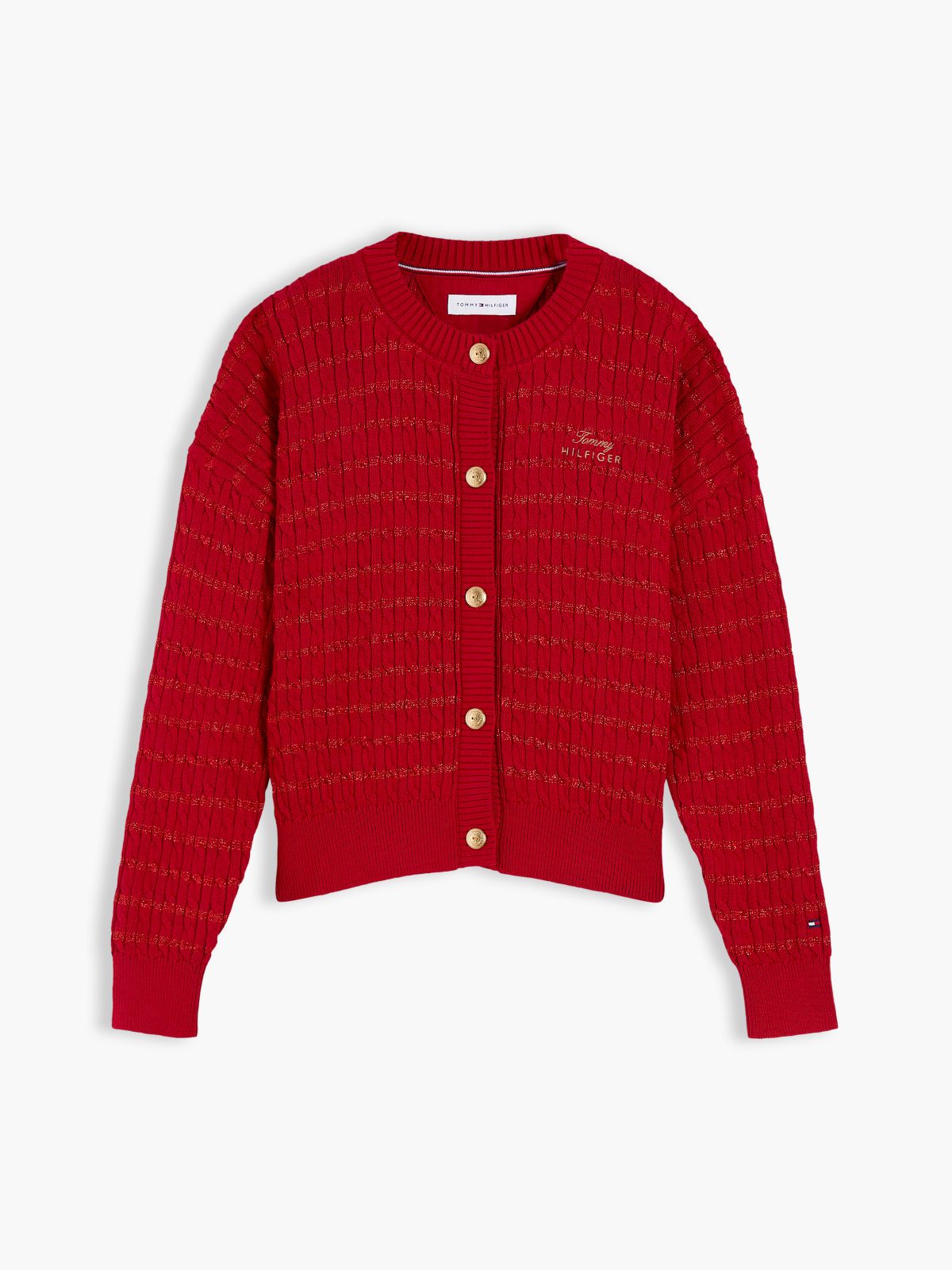 Cable Knit Gold-Tone Button Relaxed Cardigan — Red