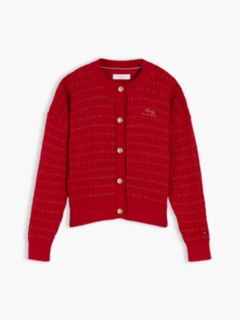 Cable Knit Gold-Tone Button Relaxed Cardigan — Red 5
