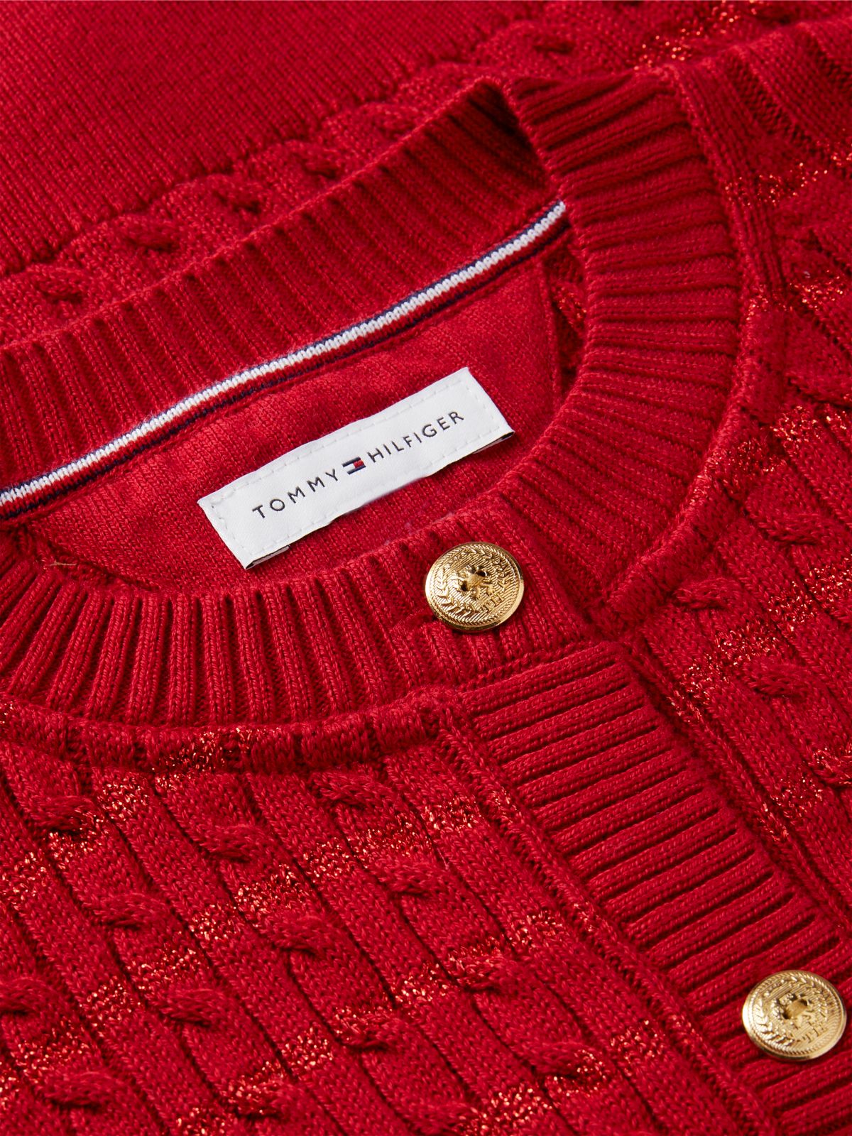 Cable Knit Gold-Tone Button Relaxed Cardigan — Red
