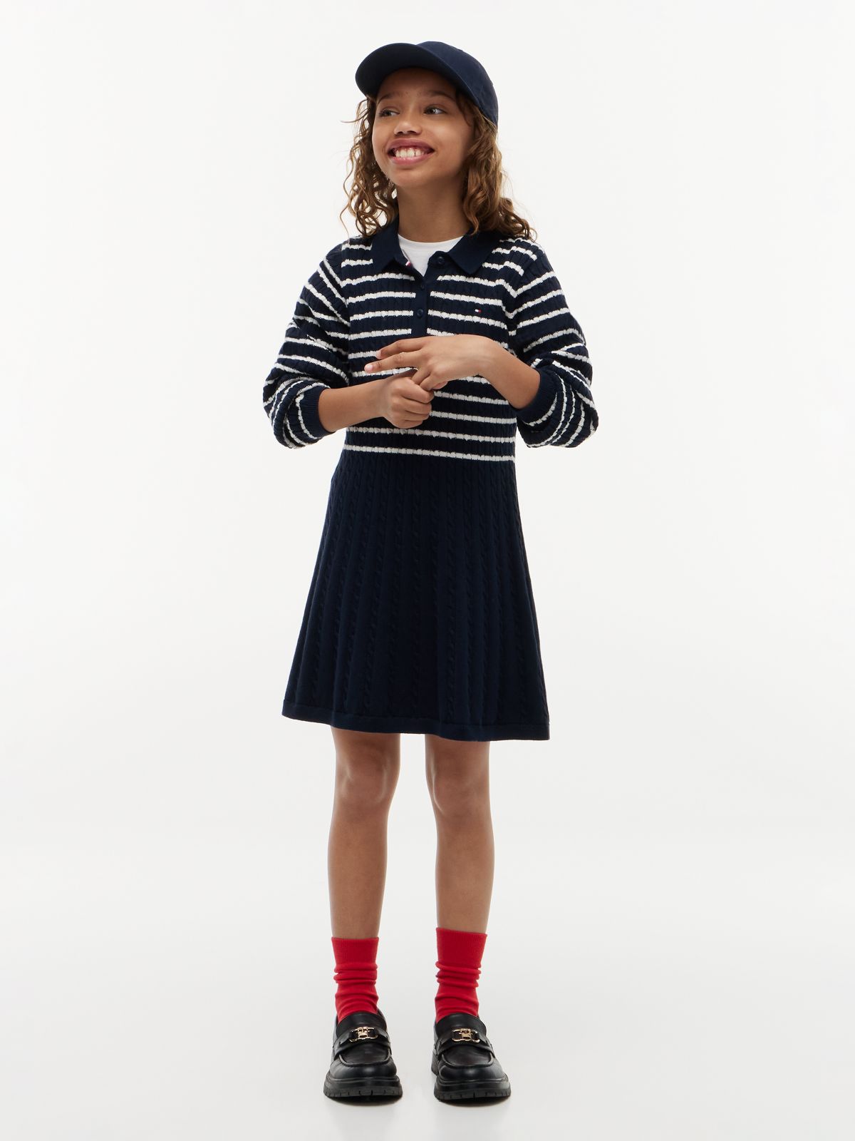Cable Knit Polo Jumper Dress — Blue