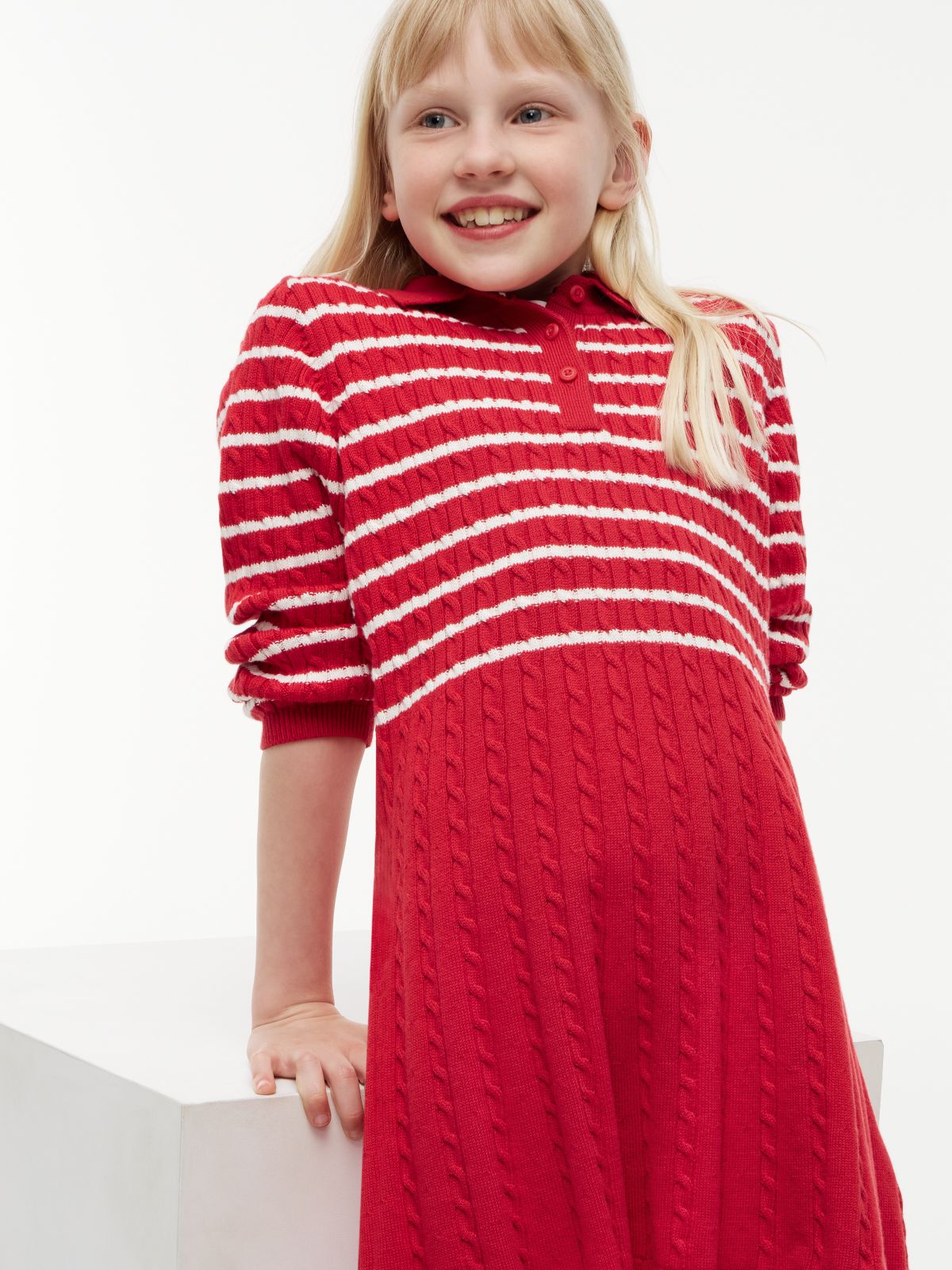 Cable Knit Polo Jumper Dress — Red