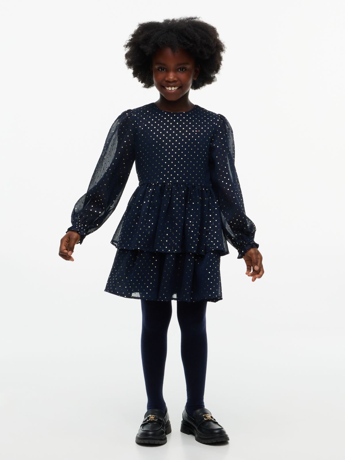 Metallic Polka Dot Tiered Dress — Blue