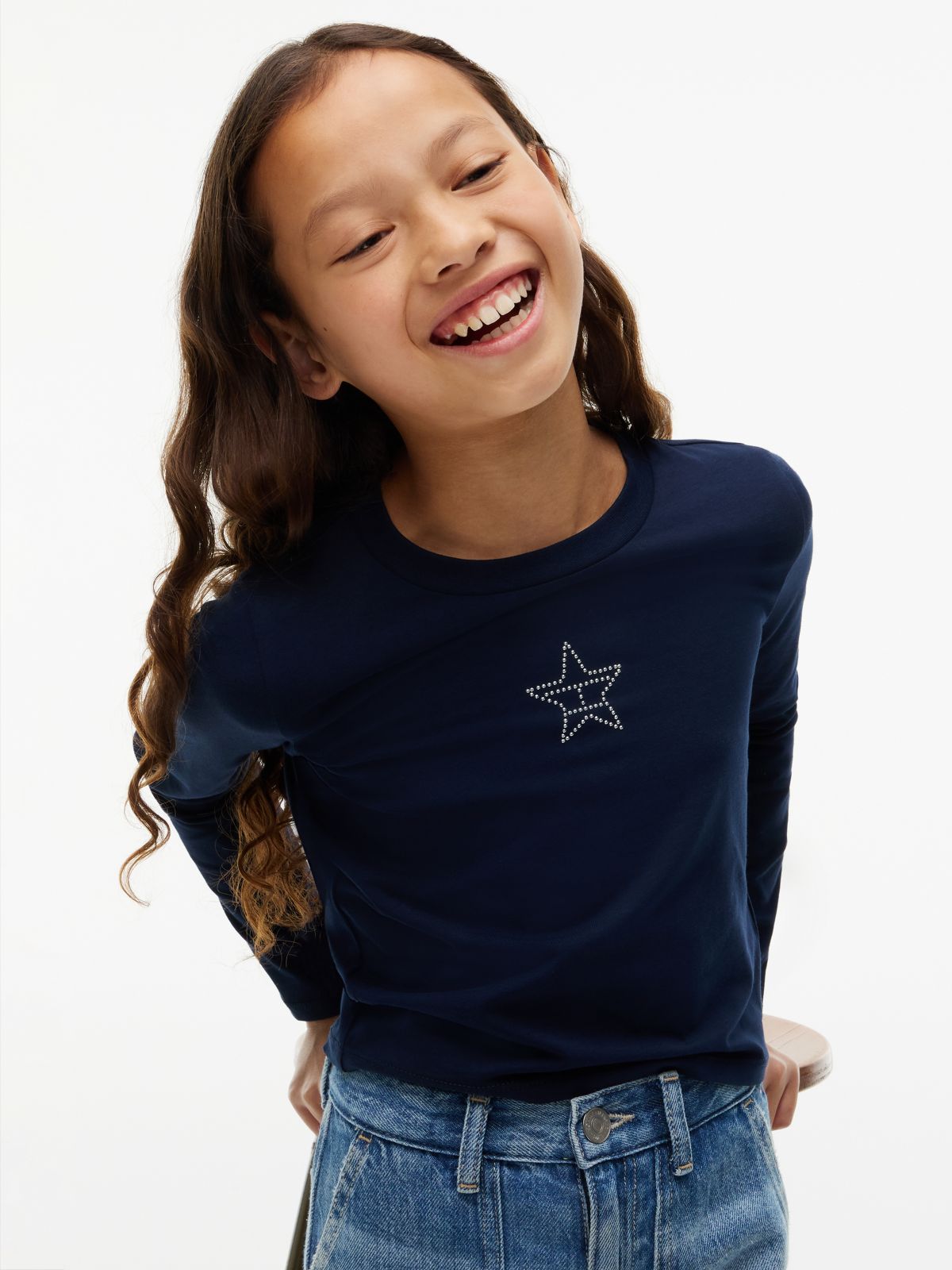 Diamanté Star Flag Extra Slim Long Sleeve T-Shirt — Blue