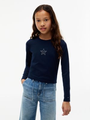 blue diamanté star flag extra slim long sleeve t-shirt for girls tommy hilfiger