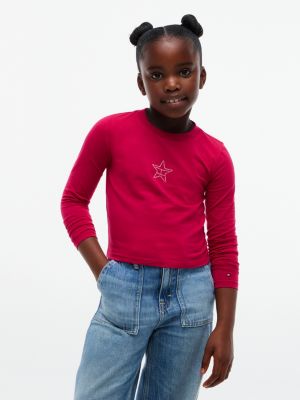 red dopasowany longsleeve z flagą diamanté star dla dziewczynki - tommy hilfiger