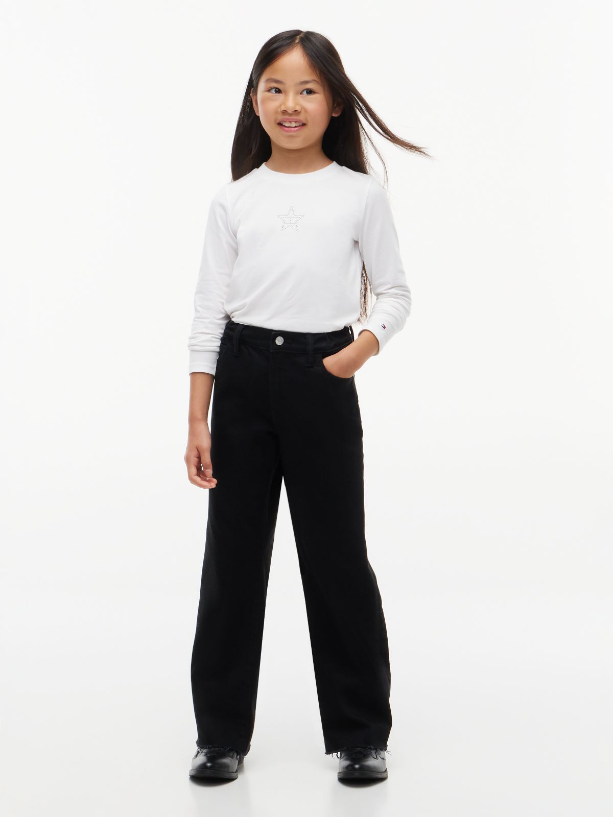 Diamanté Star Flag Extra Slim Long Sleeve T-Shirt — White