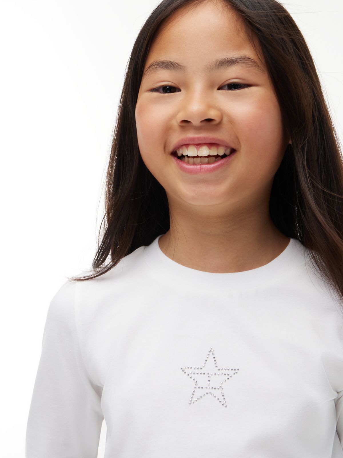 Diamanté Star Flag Extra Slim Long Sleeve T-Shirt — White