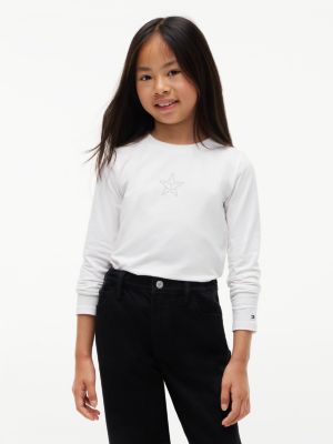 white dopasowany longsleeve z flagą diamanté star dla dziewczynki - tommy hilfiger