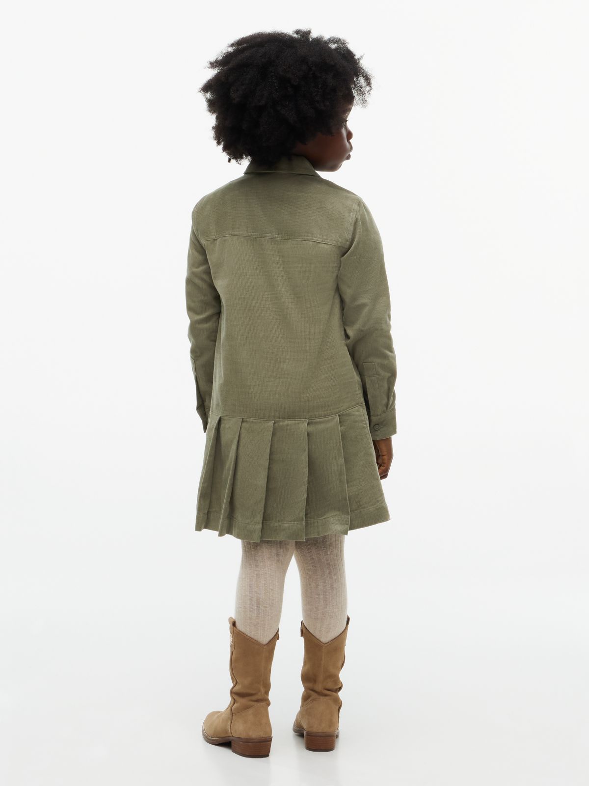 Corduroy Pleated Shirt Dress — Green