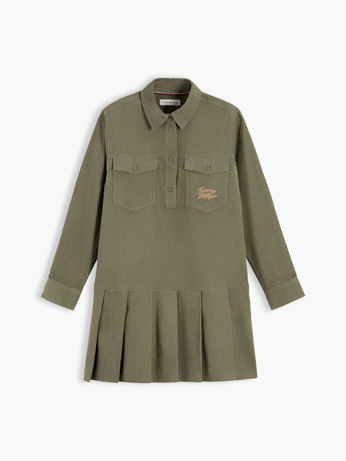 Corduroy Pleated Shirt Dress — Green