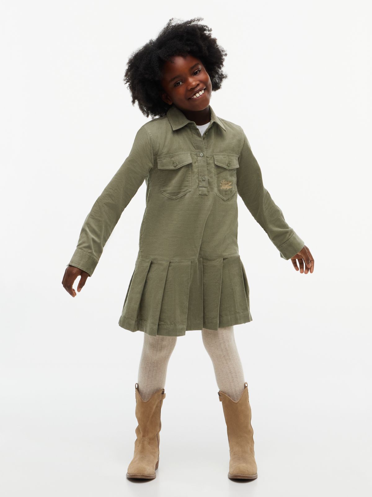 Corduroy Pleated Shirt Dress — Green