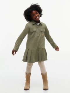 Corduroy Pleated Shirt Dress — Green 1