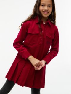 Corduroy Pleated Shirt Dress — Red 2