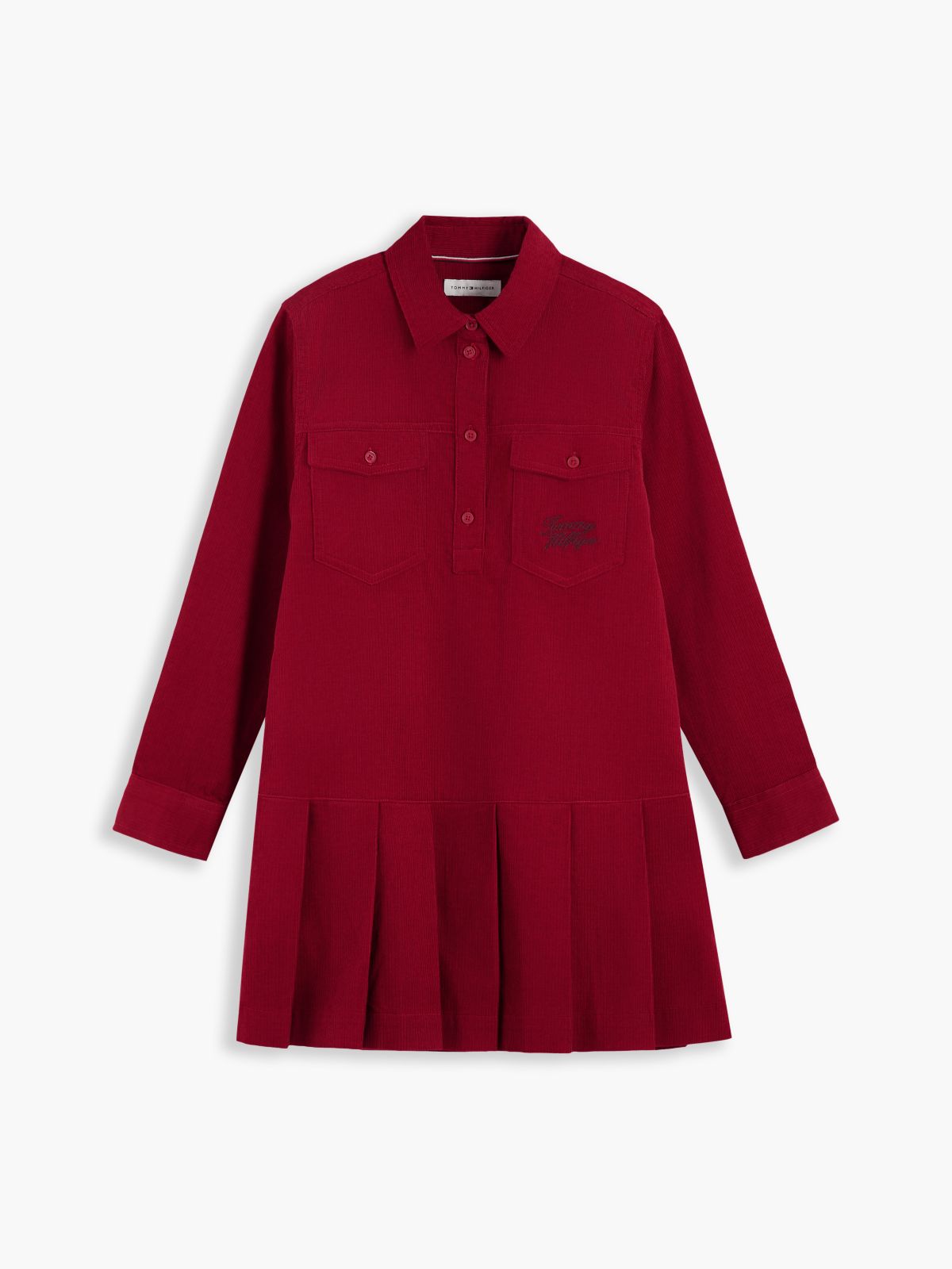 Corduroy Pleated Shirt Dress — Red