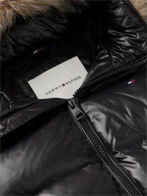 black essential faux fur trim down jacket for girls tommy hilfiger