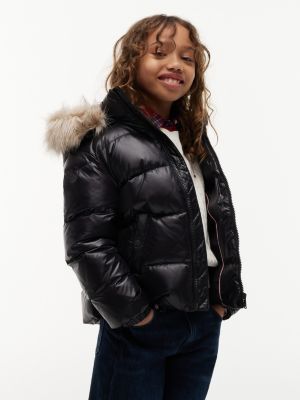 black essential faux fur trim down jacket for girls tommy hilfiger
