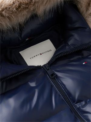 blue essential faux fur trim down jacket for girls tommy hilfiger
