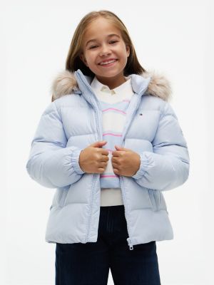 blue essential faux fur trim down jacket for girls tommy hilfiger