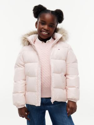 pink essential faux fur trim down jacket for girls tommy hilfiger