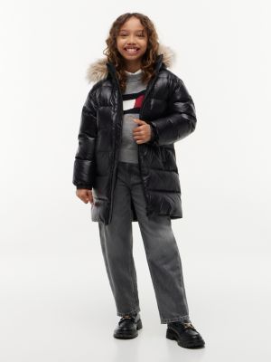 black essential longline faux fur down jacket for girls tommy hilfiger