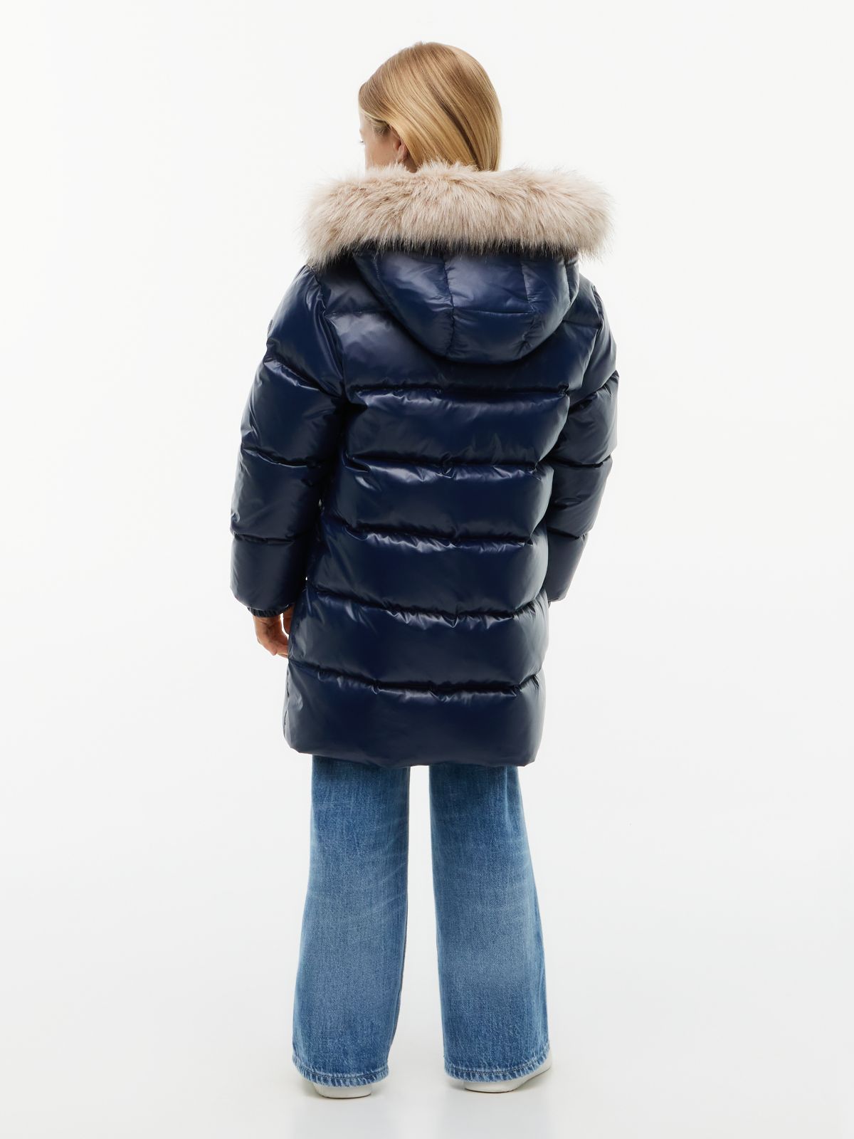 Essential Longline Faux Fur Down Jacket — Blue