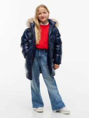 blue essential longline faux fur down jacket for girls tommy hilfiger
