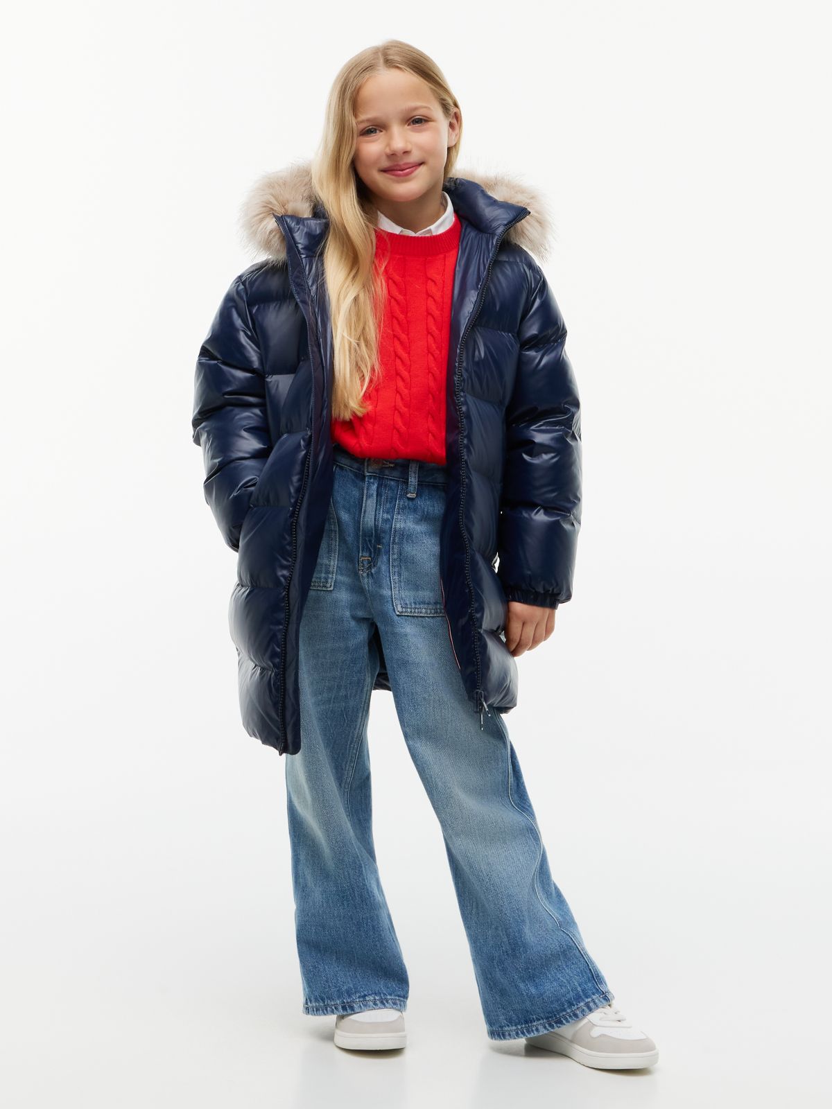Essential Longline Faux Fur Down Jacket — Blue