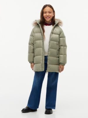 green essential longline-daunenjacke mit kunstpelz für mädchen - tommy hilfiger